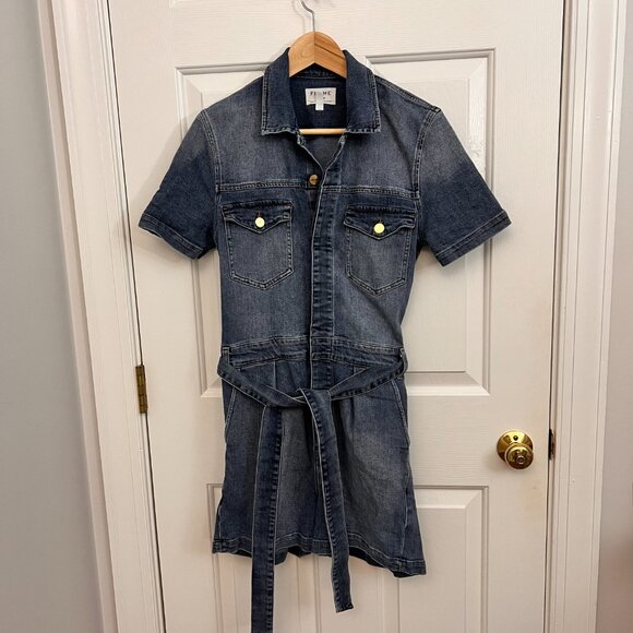 Frame Pleated Coverall Short Romper Button Front Playsuit Stretch Denim Maxson M - Picture 8 of 12